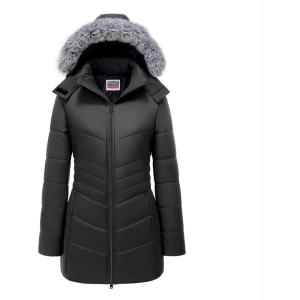 WULFUL Women’s Winter Coats Long Warm Thicken Puffer Jackets Outwear With Removable Fur Hood(Black)