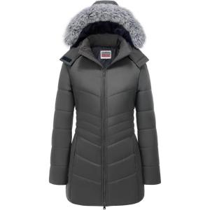 WULFUL Women’s Winter Coats Long Warm Thicken Puffer Jackets Outwear With Removable Fur Hood(Dark Grey)