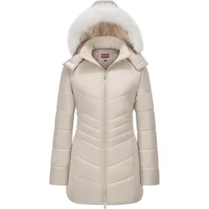 WULFUL Women’s Winter Coats Long Warm Thicken Puffer Jackets Outwear With Removable Fur Hood(Khaki)