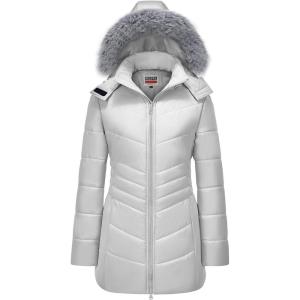 WULFUL Women’s Winter Coats Long Warm Thicken Puffer Jackets Outwear With Removable Fur Hood(Light Grey)