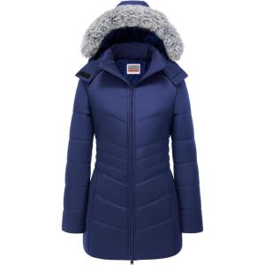 WULFUL Women’s Winter Coats Long Warm Thicken Puffer Jackets Outwear With Removable Fur Hood(Navy Blue)
