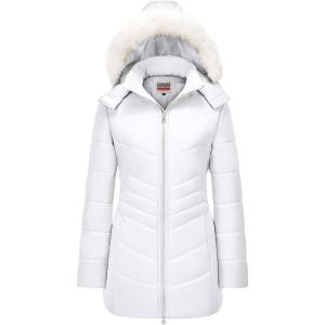 WULFUL Women’s Winter Coats Long Warm Thicken Puffer Jackets Outwear With Removable Fur Hood(White)