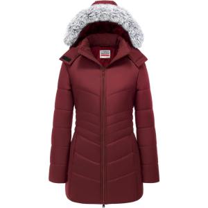 WULFUL Women’s Winter Coats Long Warm Thicken Puffer Jackets Outwear With Removable Fur Hood(Wine Red)