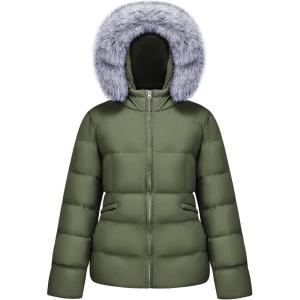 WULFUL Women’s Winter Coats Warm Lightweight Thicken Puffer Jackets with Faux-Fur Hood(Army Green)