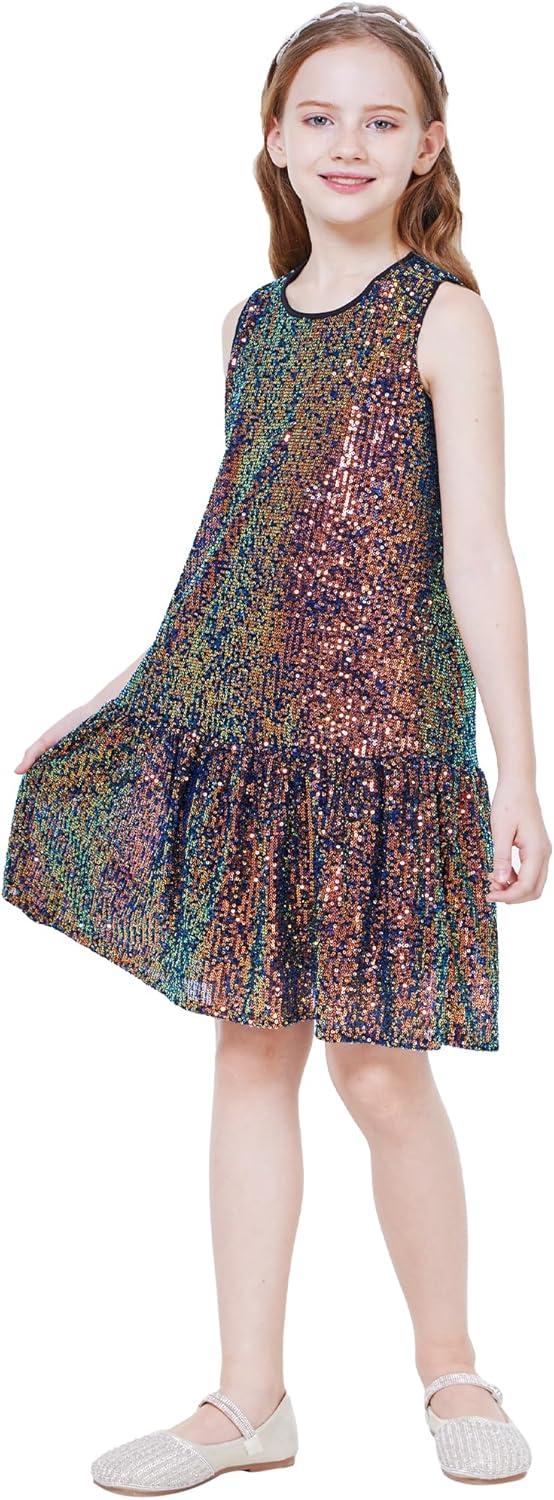 imageWULFUL Girls Sequin Party Dress Sleeveless Aline Swing Holiday Prom Birthday Dresses 512YMulticolor