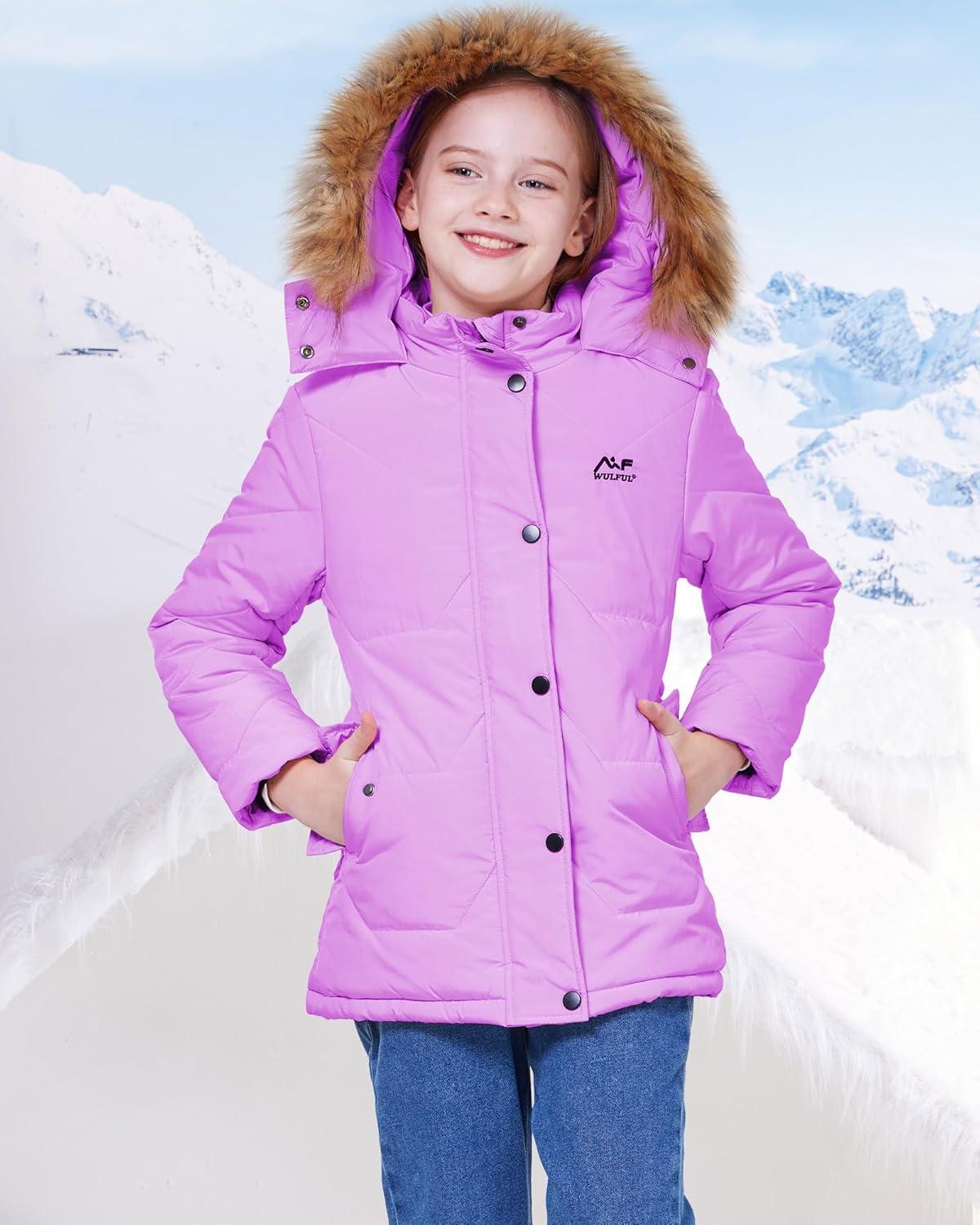 imageWULFUL Girls Winter Coats Outerwear Down Puffer Jacket Waterproof with Warm Fur HoodPurple0009