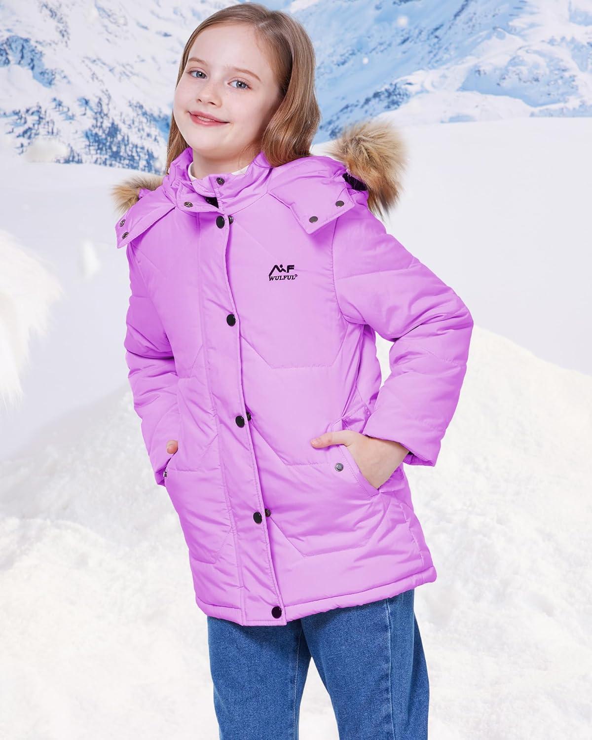 imageWULFUL Girls Winter Coats Outerwear Down Puffer Jacket Waterproof with Warm Fur HoodPurple0009