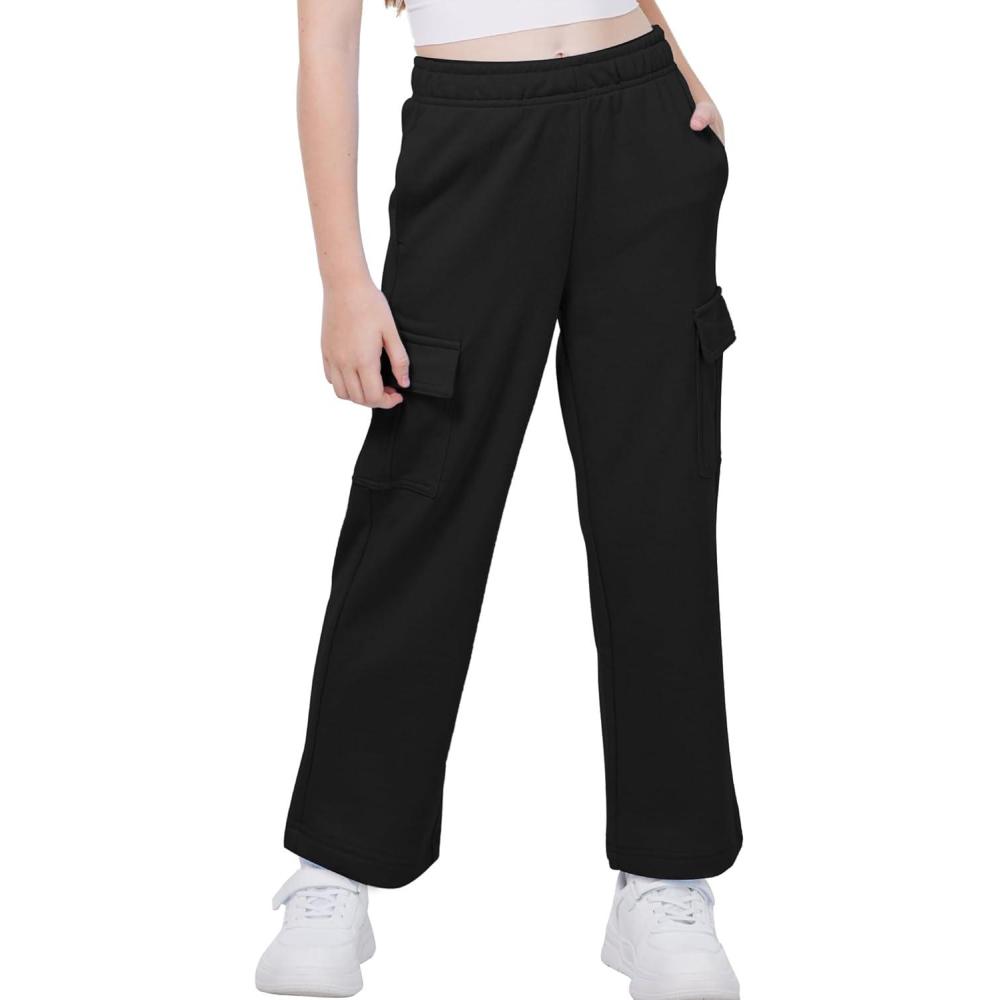 imageWULFUL Girls Cargo Sweatpants Wide Leg Fleece Lined Casual Pants for Girl Fall Winter Baggy High Waisted Pants with PocketsBlack