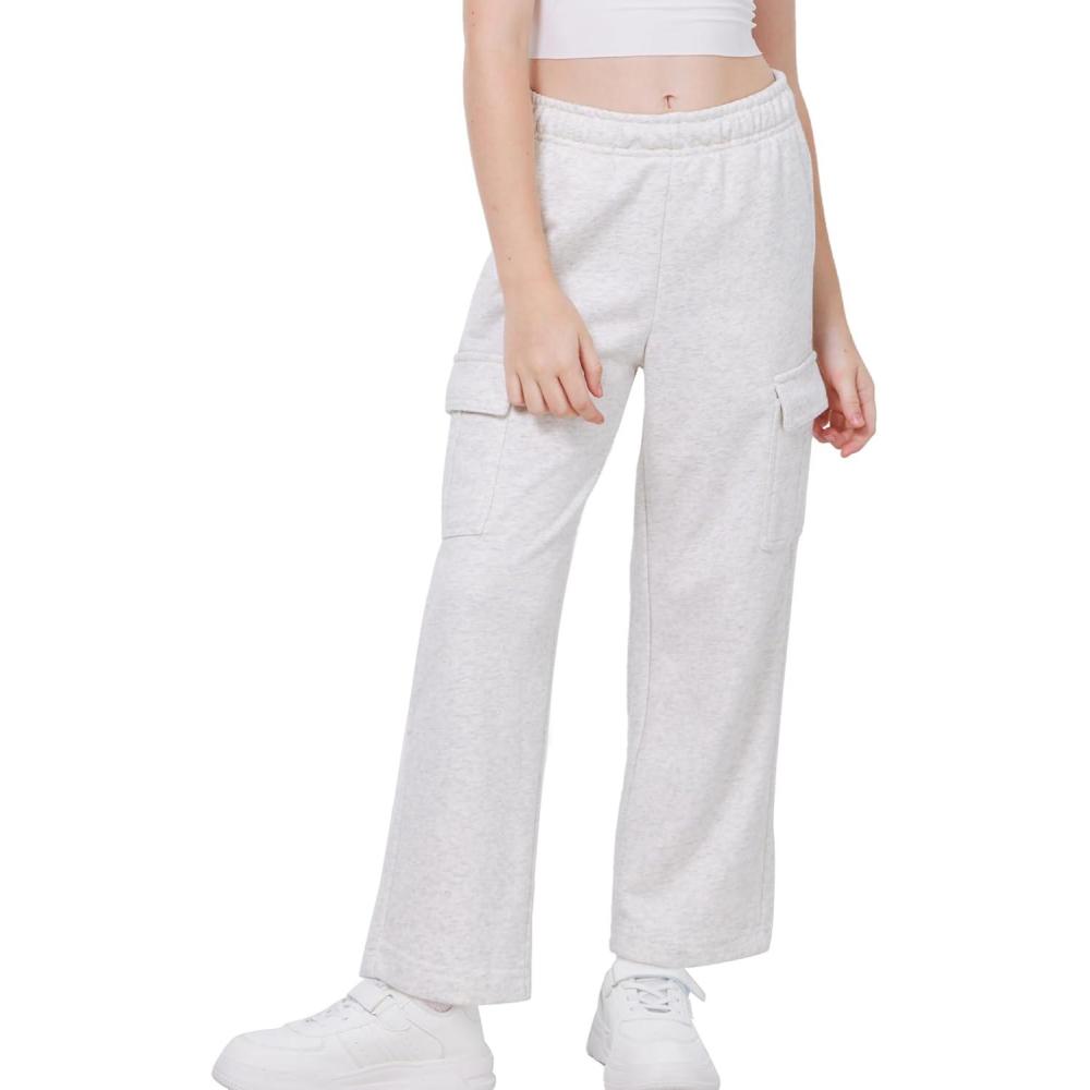 imageWULFUL Girls Cargo Sweatpants Wide Leg Fleece Lined Casual Pants for Girl Fall Winter Baggy High Waisted Pants with PocketsWhite