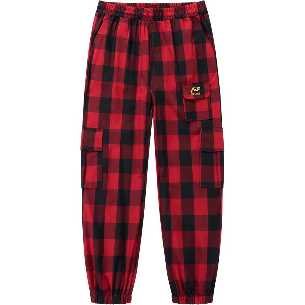 imageWULFUL Girls Casual Cargo Jogger Pants Adjustable WaistRed Black Plaid