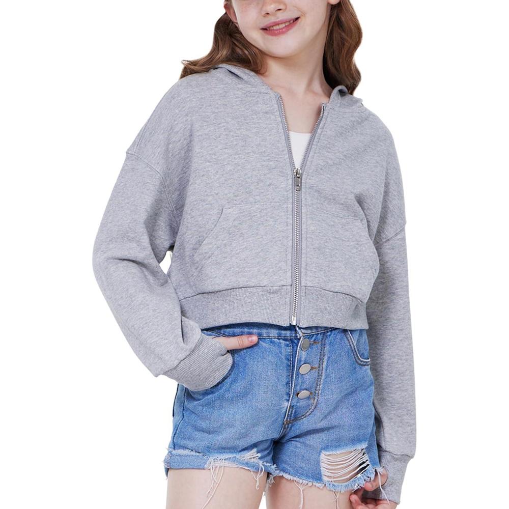 imageWULFUL Girls Casual Zipper up Sweatshirts Crop Jackets for TeensLight Grey