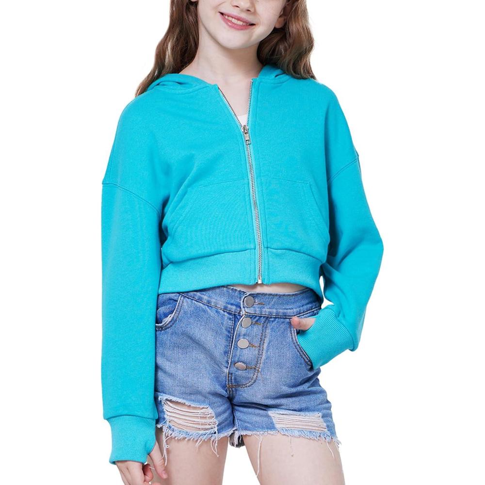 imageWULFUL Girls Casual Zipper up Sweatshirts Crop Jackets for TeensTeal Blue