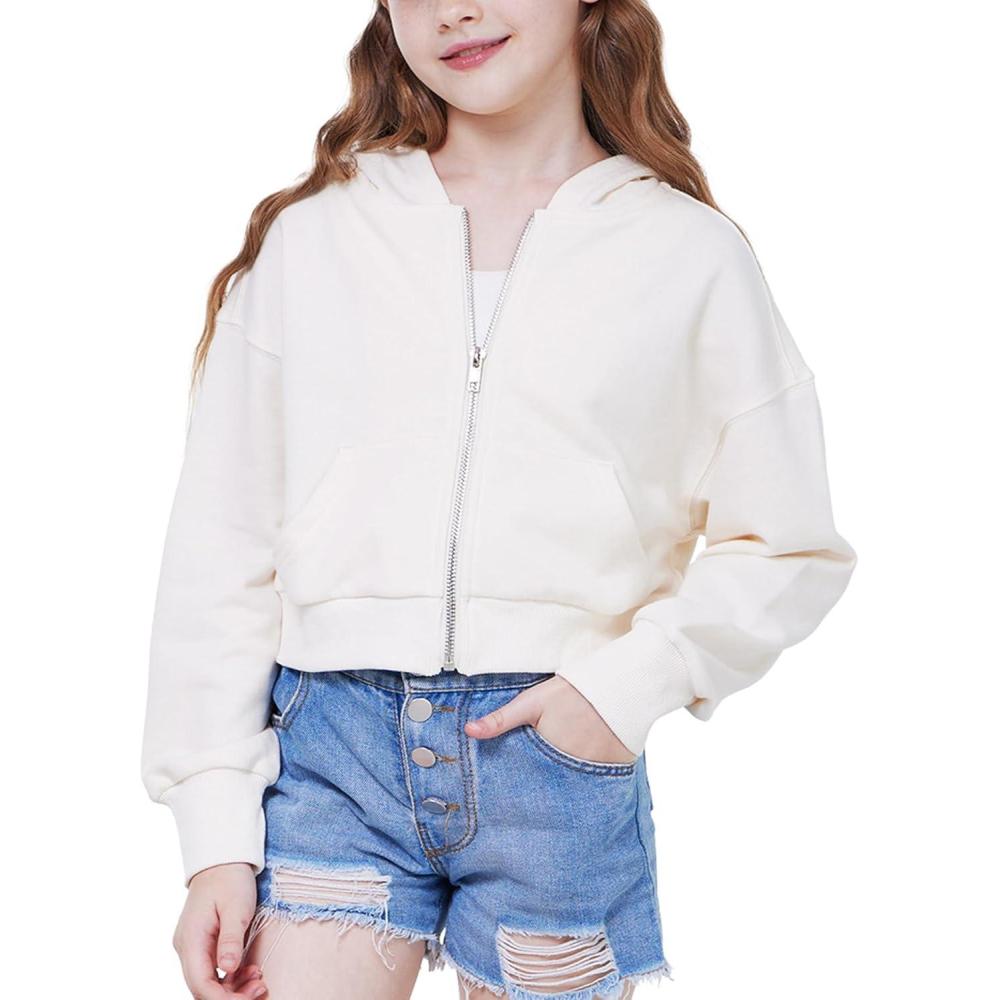 imageWULFUL Girls Casual Zipper up Sweatshirts Crop Jackets for TeensWhite
