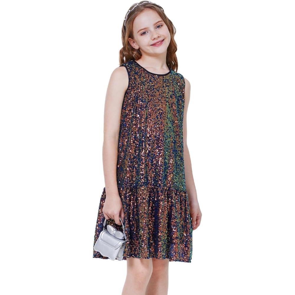 imageWULFUL Girls Sequin Party Dress Sleeveless Aline Swing Holiday Prom Birthday Dresses 512YMulticolor