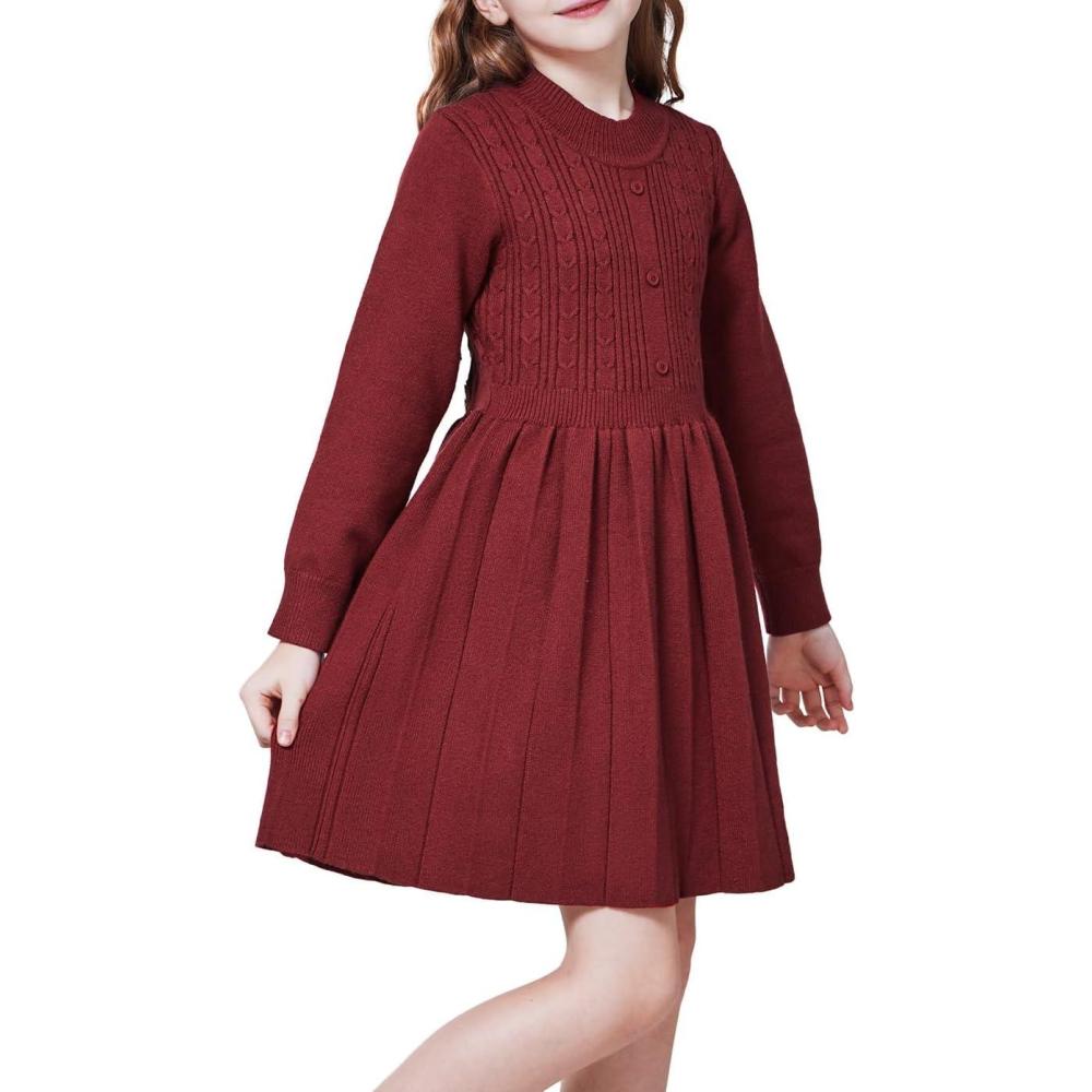 imageWULFUL Girls Sweater Dress Long Sleeve Button Pleated Casual Fall Winter Knit Dresses 512YWine Red