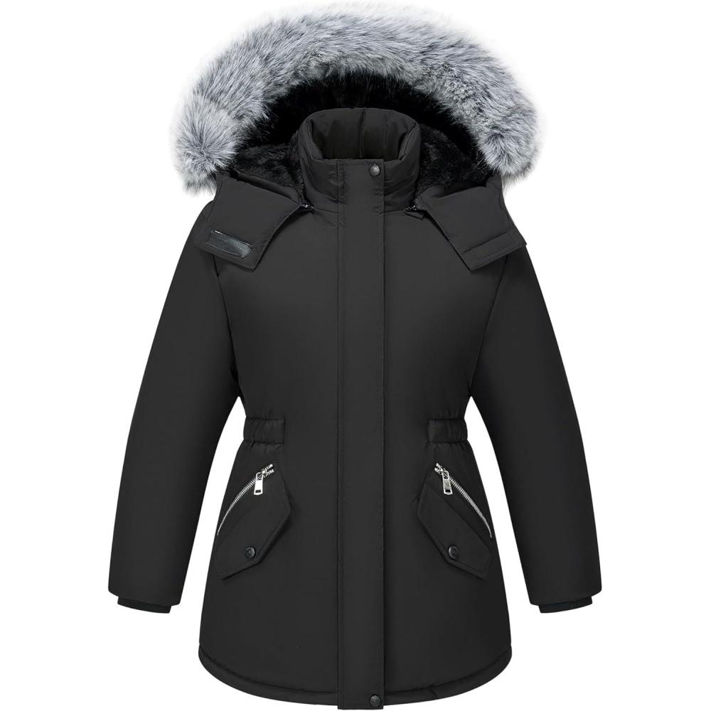 imageWULFUL Girls Winter Parka Coat Long Waterproof Warm Fleece Puffer JacketBlack