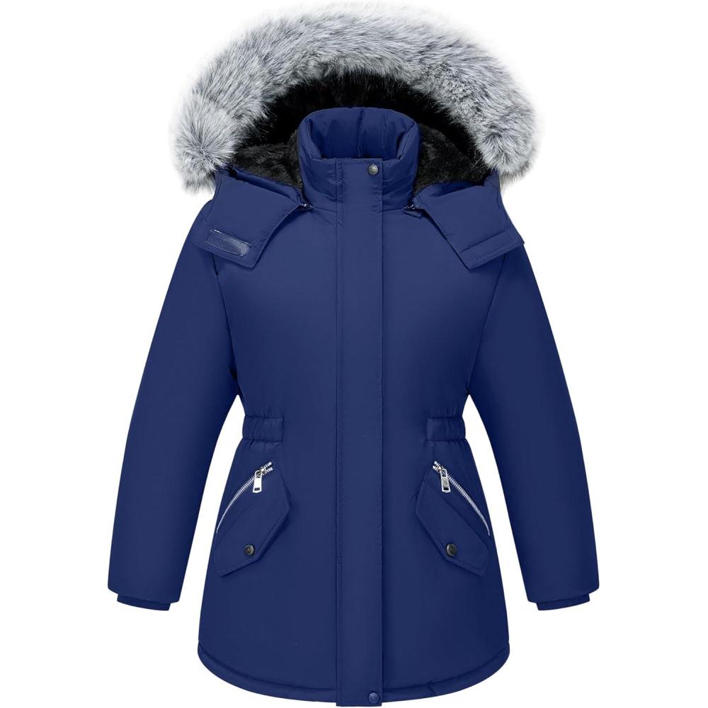 imageWULFUL Girls Winter Parka Coat Long Waterproof Warm Fleece Puffer JacketNavy