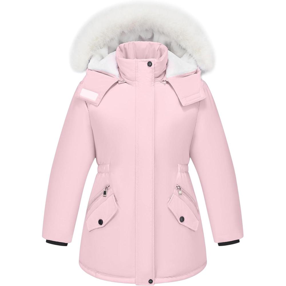 imageWULFUL Girls Winter Parka Coat Long Waterproof Warm Fleece Puffer JacketPink
