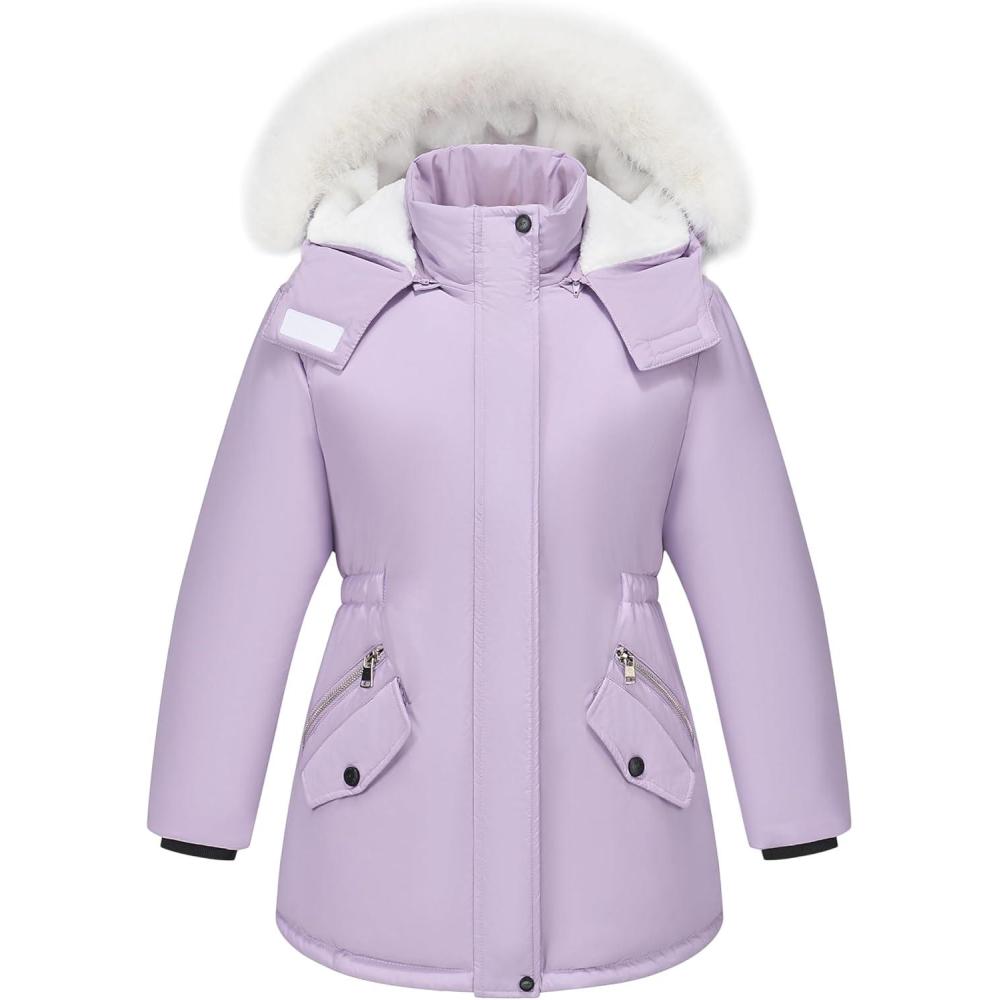 imageWULFUL Girls Winter Parka Coat Long Waterproof Warm Fleece Puffer JacketPurple