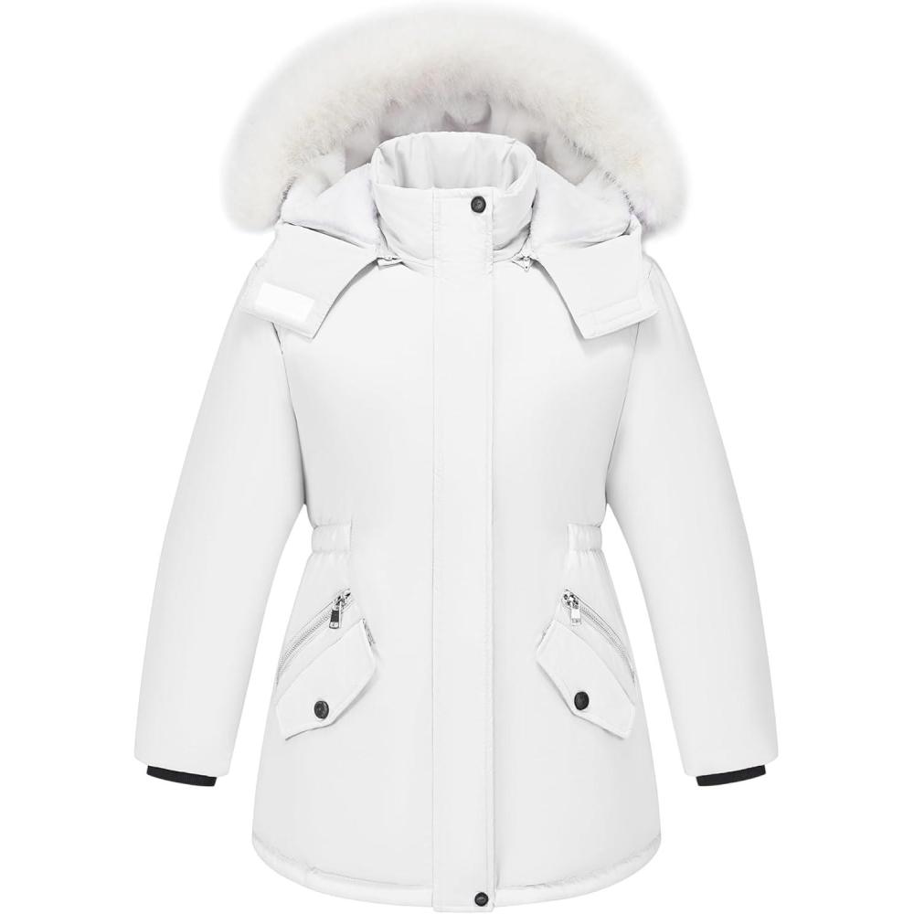 imageWULFUL Girls Winter Parka Coat Long Waterproof Warm Fleece Puffer JacketWhite