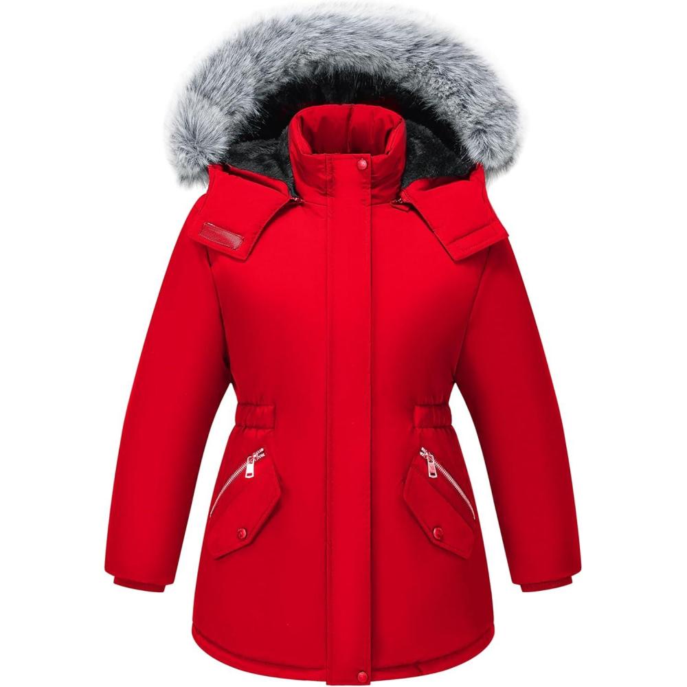 imageWULFUL Girls Winter Parka Coat Long Waterproof Warm Fleece Puffer JacketWine Red
