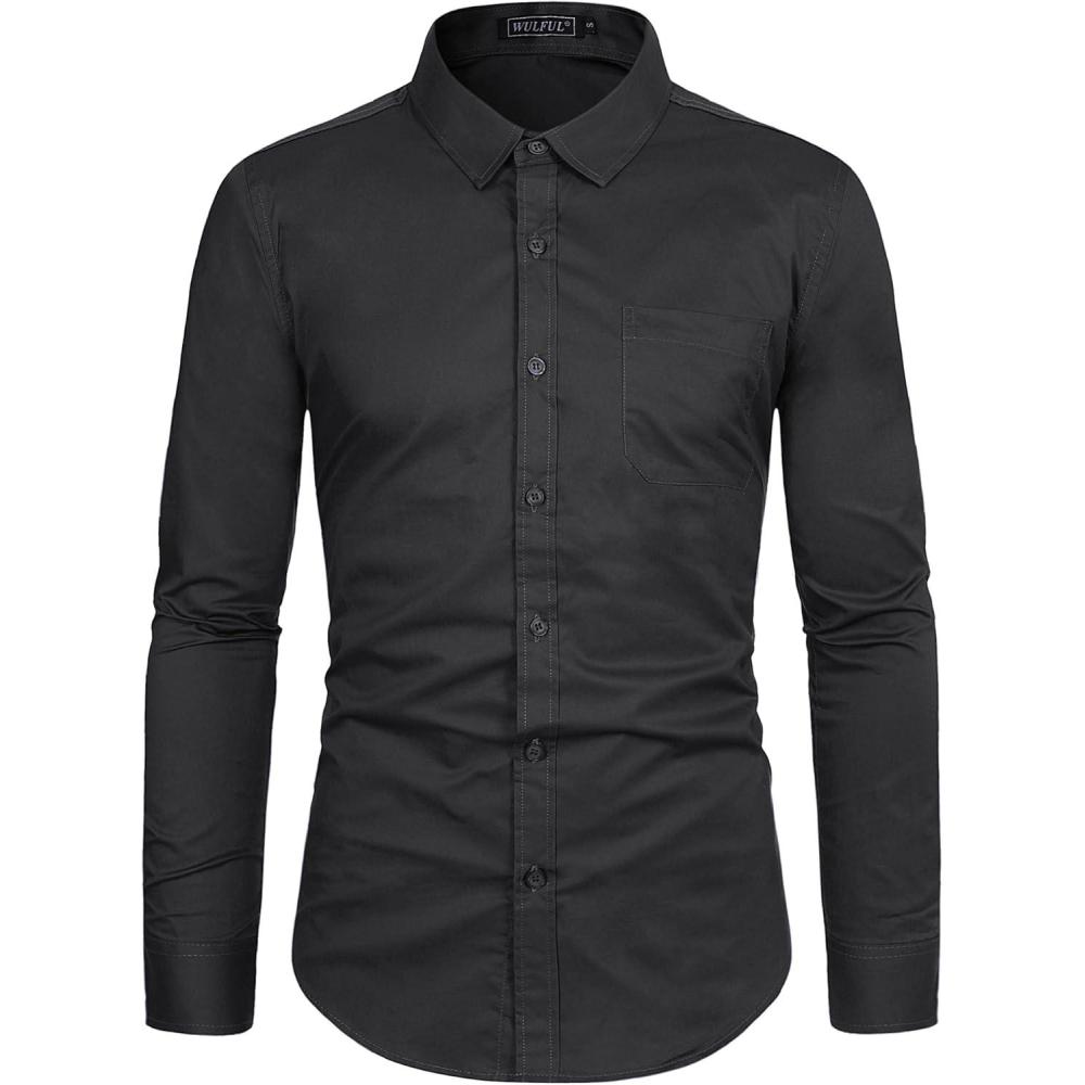 imageWULFUL Mens Casual Long Sleeve Dress Shirts Business Formal Solid Regular Fit Button Down Shirt with Pocket