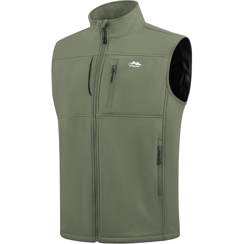imageWULFUL Mens Windproof Lightweight Golf Vest Outerwear with Pockets Softshell Sleeveless Jacket for Running Hiking SportsArmy Green