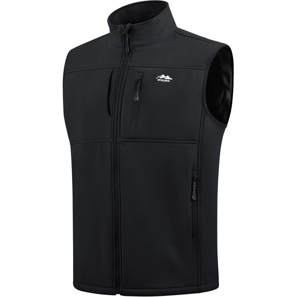 imageWULFUL Mens Windproof Lightweight Golf Vest Outerwear with Pockets Softshell Sleeveless Jacket for Running Hiking SportsBlack