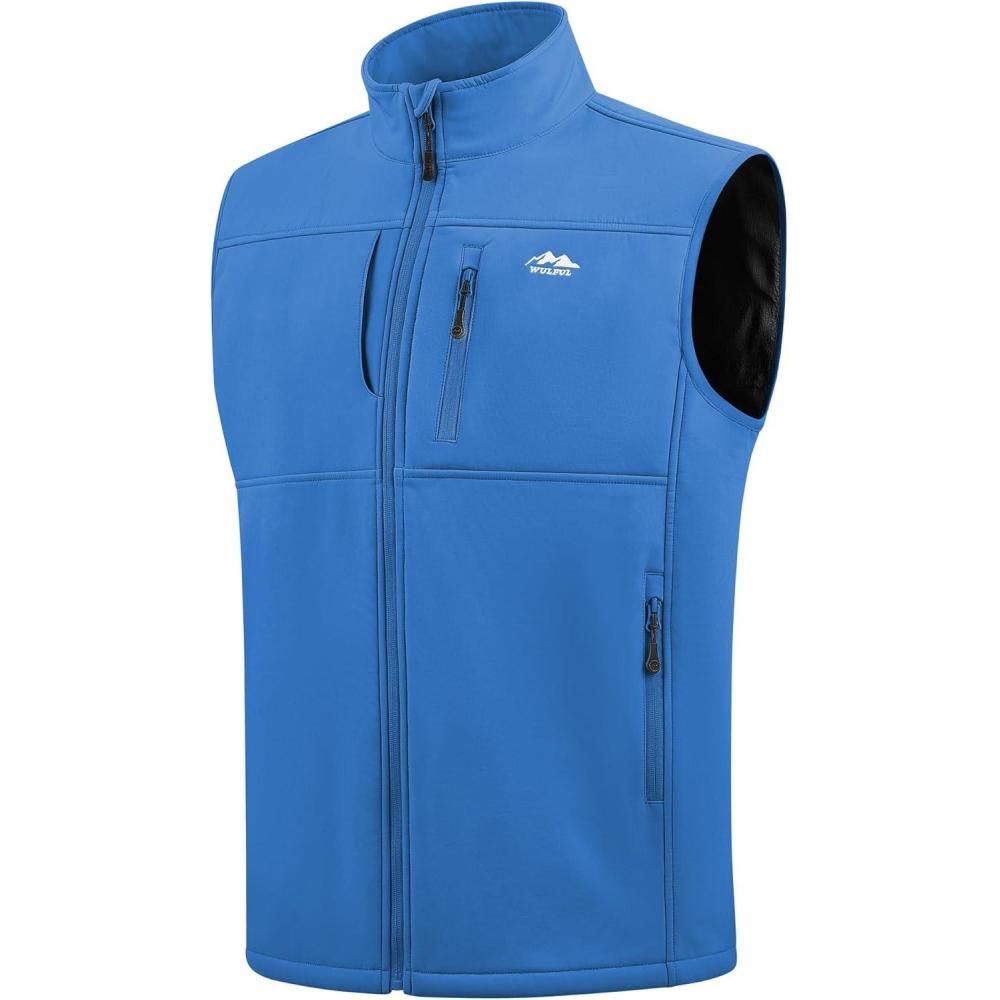 imageWULFUL Mens Windproof Lightweight Golf Vest Outerwear with Pockets Softshell Sleeveless Jacket for Running Hiking SportsBlue