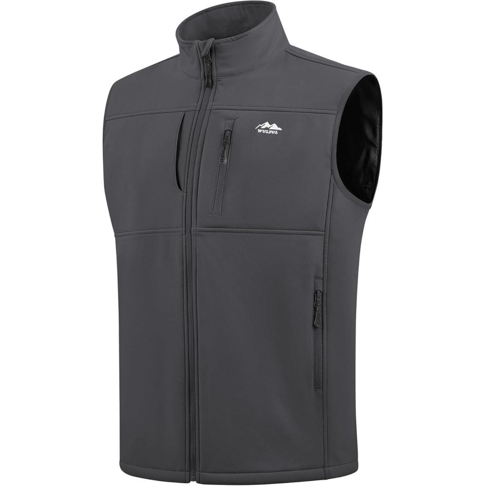 imageWULFUL Mens Windproof Lightweight Golf Vest Outerwear with Pockets Softshell Sleeveless Jacket for Running Hiking SportsDark Grey