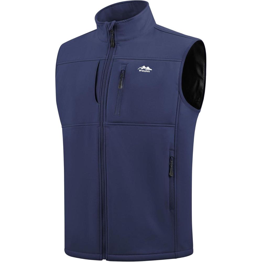 imageWULFUL Mens Windproof Lightweight Golf Vest Outerwear with Pockets Softshell Sleeveless Jacket for Running Hiking SportsNavy