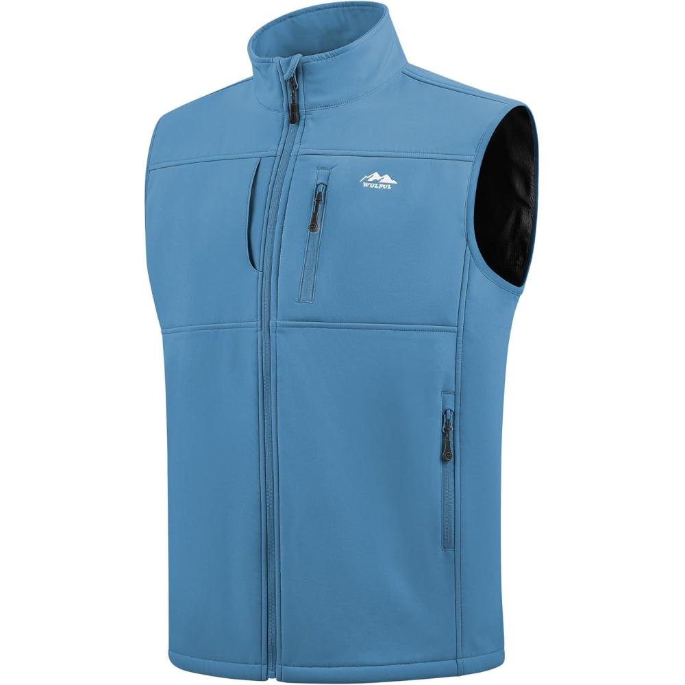 imageWULFUL Mens Windproof Lightweight Golf Vest Outerwear with Pockets Softshell Sleeveless Jacket for Running Hiking SportsRoyal Blue
