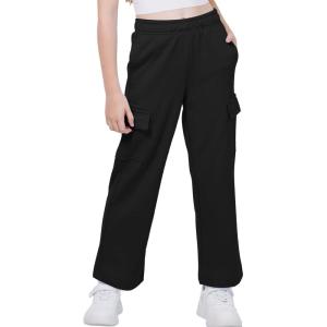 WULFUL Girl’s Cargo Sweatpants Wide Leg Fleece Lined Casual Pants for Girl Fall Winter Baggy High Waisted Pants with Pockets(Black)