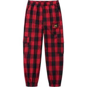 WULFUL Girl’s Casual Cargo Jogger Pants Adjustable Waist(Red Black Plaid)