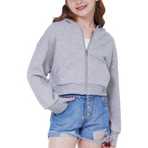 WULFUL Girls Casual Zipper up Sweatshirts Crop Jackets for Teens(Light Grey)