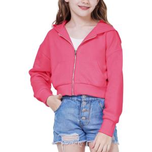 WULFUL Girls Casual Zipper up Sweatshirts Crop Jackets for Teens(Rose Red)