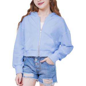WULFUL Girls Casual Zipper up Sweatshirts Crop Jackets for Teens(Sky Blue)