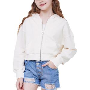 WULFUL Girls Casual Zipper up Sweatshirts Crop Jackets for Teens(White)