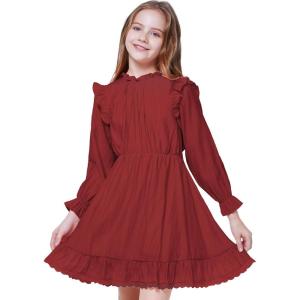 WULFUL Girls Long Sleeve Dress Flared Belted Fall Casual Party Dress A-line Swing 5-14 Years(Red)