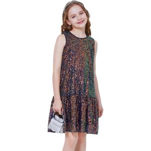 WULFUL Girls Sequin Party Dress Sleeveless A-line Swing Holiday Prom Birthday Dresses 5-12Y(Multicolor)