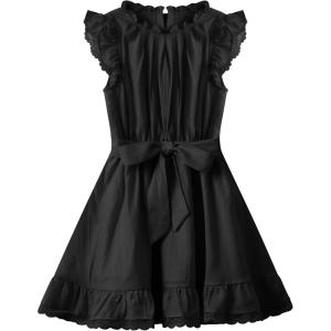 WULFUL Girls Summer Dress Sleeveless Ruffle Trim A-line Swing Dress Casual Party 5-14 Years(Black)