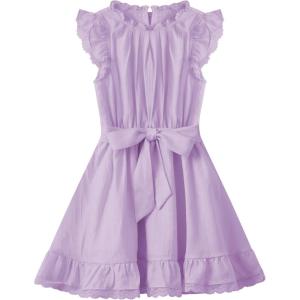 WULFUL Girls Summer Dress Sleeveless Ruffle Trim A-line Swing Dress Casual Party 5-14 Years(Purple)