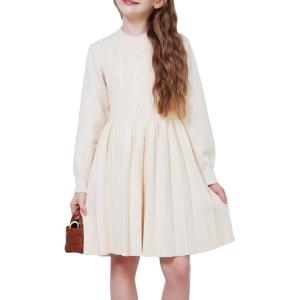 WULFUL Girl’s Sweater Dress Long Sleeve Button Pleated Casual Fall Winter Knit Dresses 5-12Y(Beige)