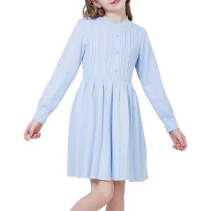 WULFUL Girl’s Sweater Dress Long Sleeve Button Pleated Casual Fall Winter Knit Dresses 5-12Y(Light Blue)