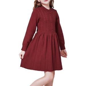 WULFUL Girl’s Sweater Dress Long Sleeve Button Pleated Casual Fall Winter Knit Dresses 5-12Y(Wine Red)