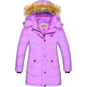WULFUL Girl’s Winter Coats Outerwear Down Puffer Jacket Waterproof with Warm Fur Hood(Purple(0009))