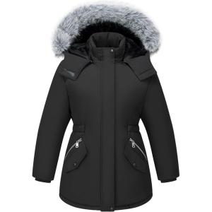 WULFUL Girl’s Winter Parka Coat Long Waterproof Warm Fleece Puffer Jacket(Black)