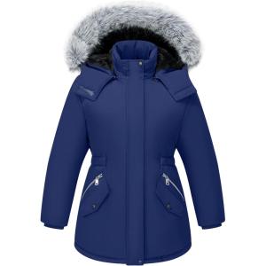 WULFUL Girl’s Winter Parka Coat Long Waterproof Warm Fleece Puffer Jacket(Navy)