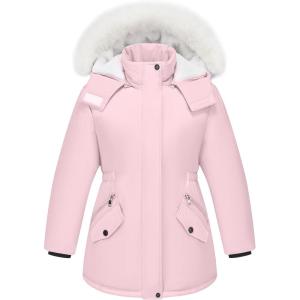 WULFUL Girl’s Winter Parka Coat Long Waterproof Warm Fleece Puffer Jacket(Pink)