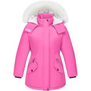 WULFUL Girl’s Winter Parka Coat Long Waterproof Warm Fleece Puffer Jacket(Rose Red)